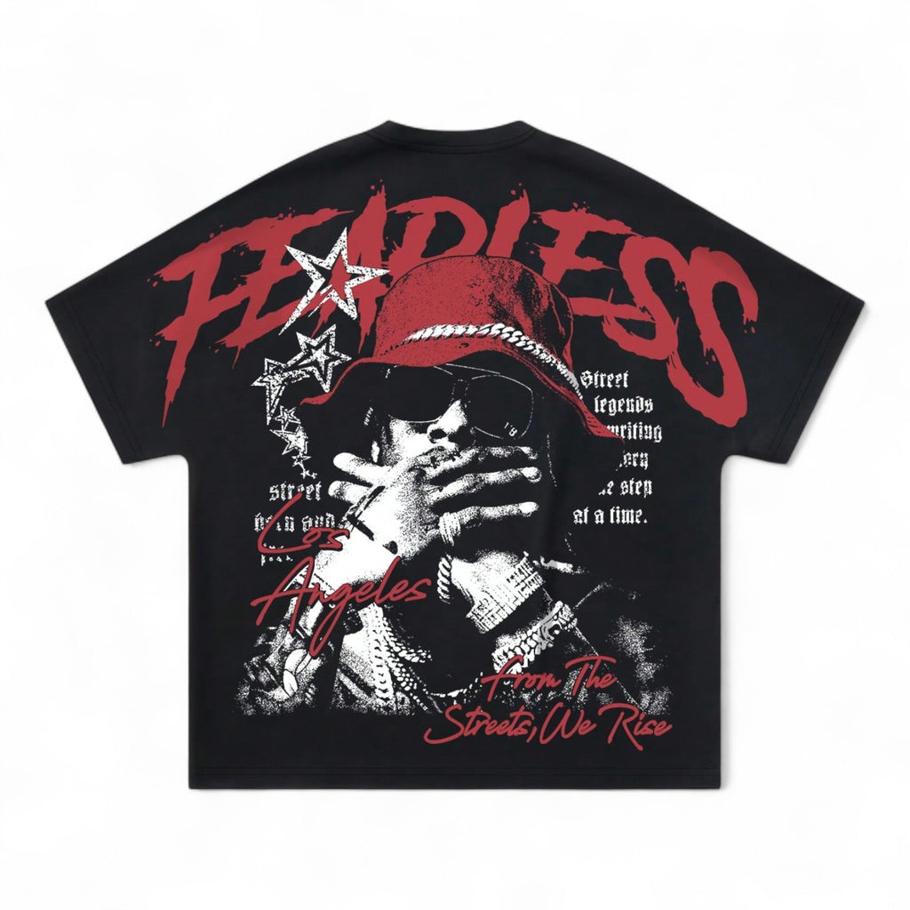 Black Fearless Los Angeles Streetwear T-Shirt with Hip-Hop Graphic and Red Graffiti Text – Oversized Japanese Style Tee