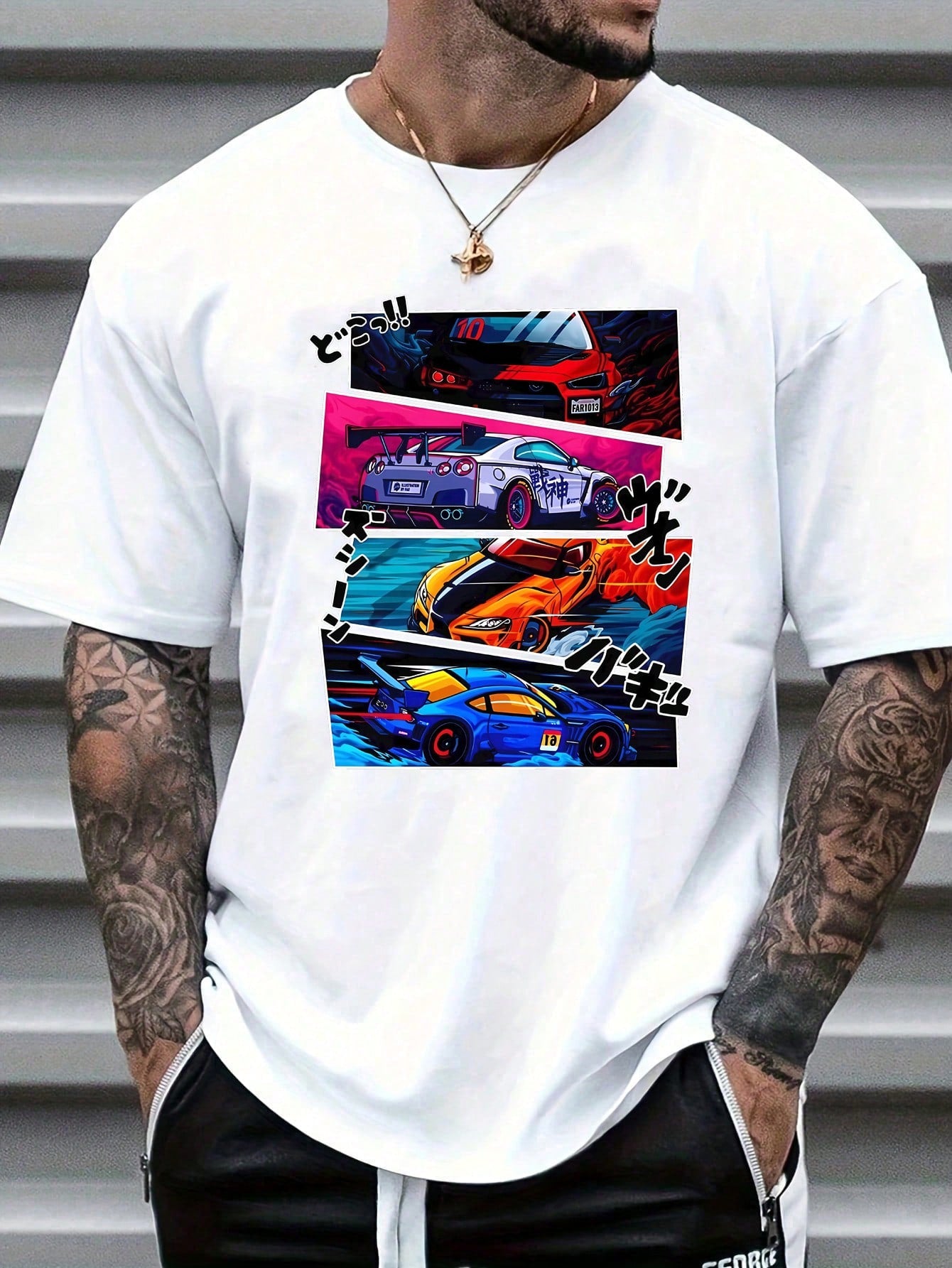 Anime racing comic print T-shirt in white – Japanese car culture streetwear tee