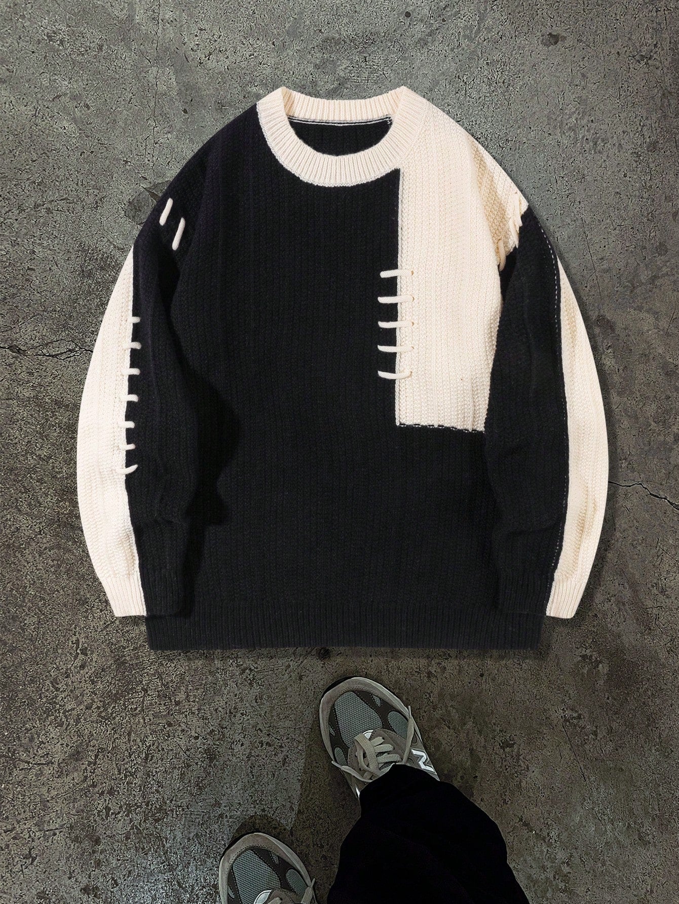 Japanese streetwear black and white colorblock pullover – drop shoulder loose knit sweater with contrast binding