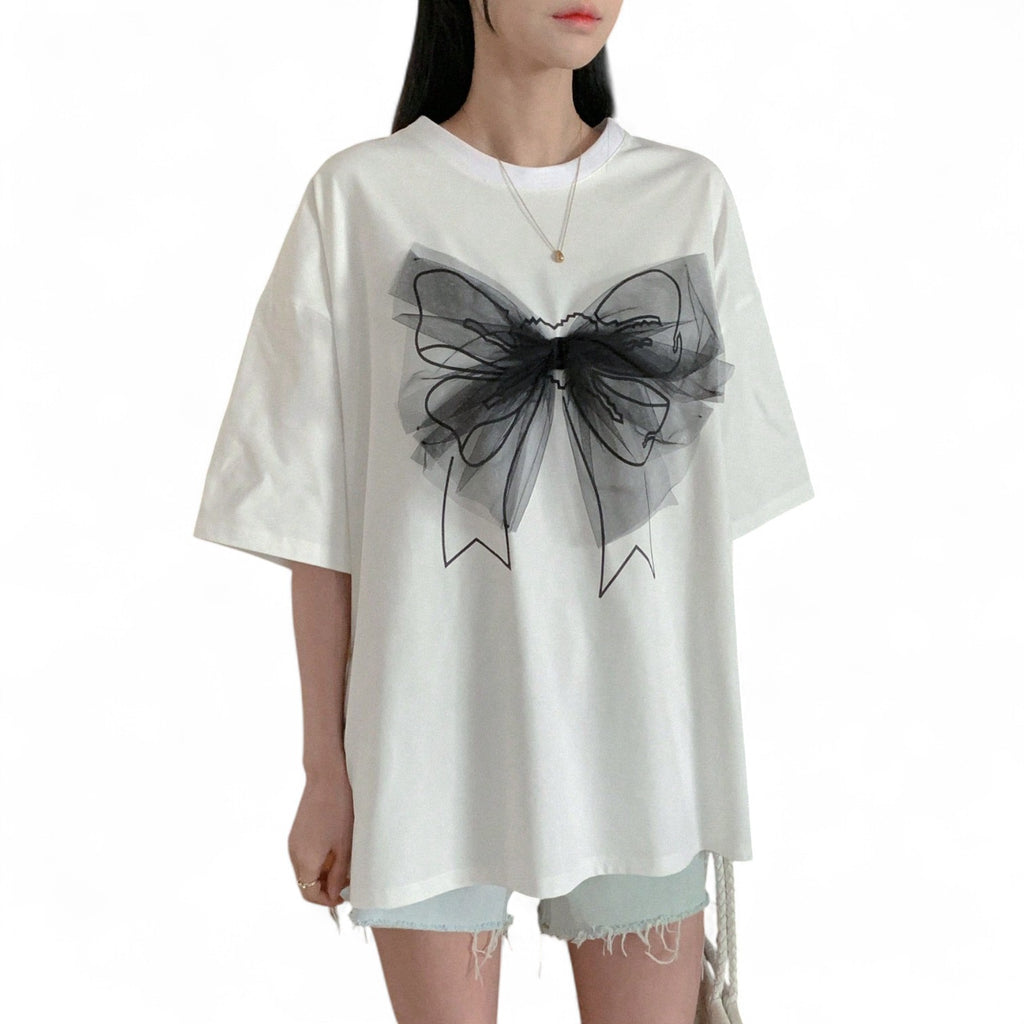 3D TULLE BOW OVERSIZED T-SHIRT – ELEGANT JAPANESE STREETWEAR STYLE