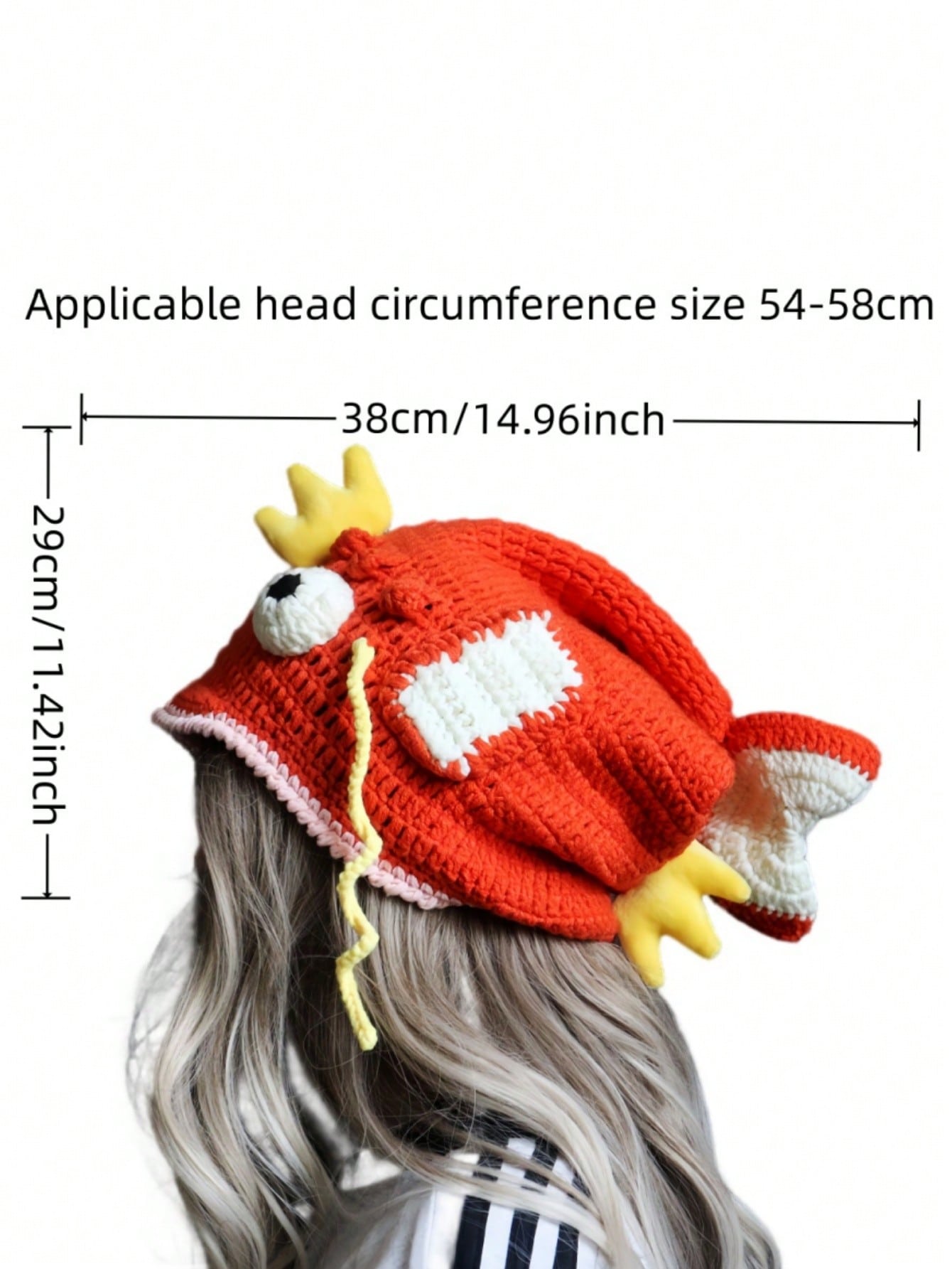 Orange crocheted fish hat with large fins, cartoon eyes, and crown, Magikarp-inspired kawaii streetwear beanie for women