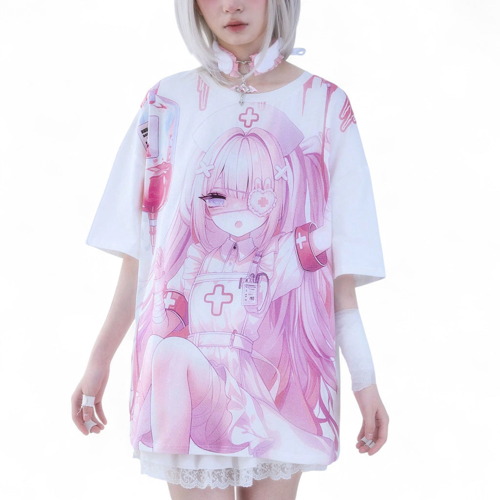 Kawaii Anime Nurse T-Shirt – Japanese Streetwear Oversized Tee for Girls