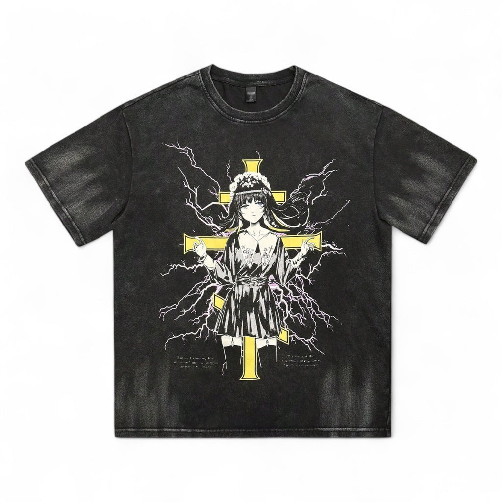 Anime Gothic Girl T-Shirt with Lightning and Cross Graphic – Japanese Streetwear Tee in Black