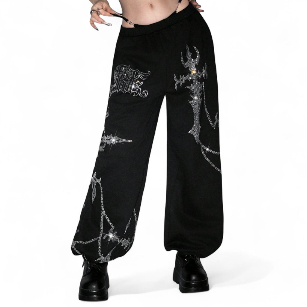 BLACK RHINESTONE JOGGER PANTS – GOTHIC STREETWEAR WITH CHAIN & DAGGER PRINT

