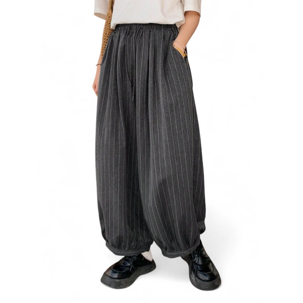 GREY PINSTRIPE HAREM PANTS – JAPANESE STREETWEAR RELAXED STYLE

