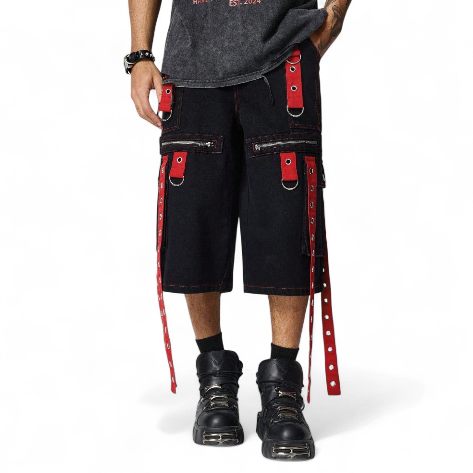 Black and red denim Bermuda shorts with straps, zippers, and pocket details – Japanese streetwear style