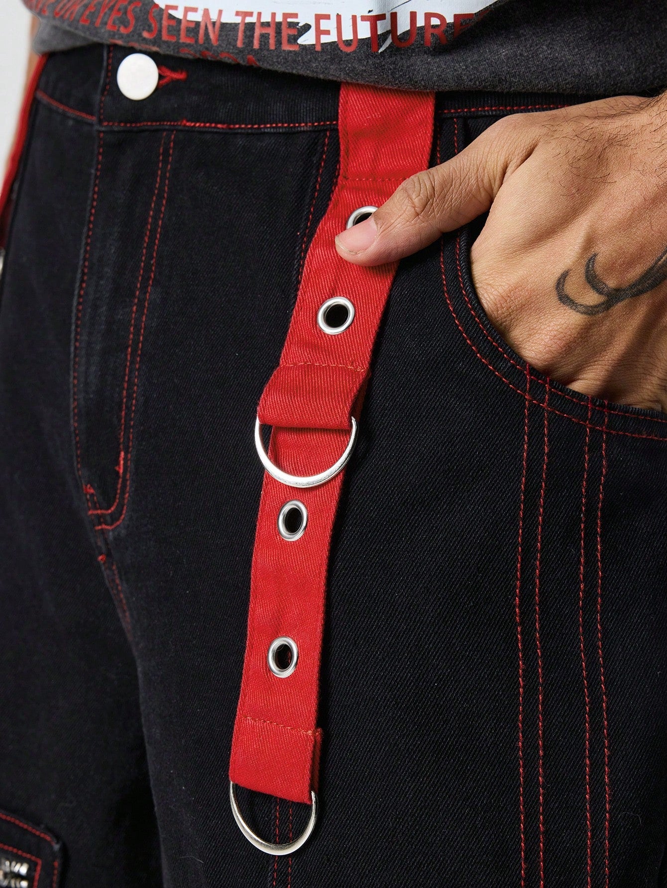 Black and red denim Bermuda shorts with straps, zippers, and pocket details – Japanese streetwear style