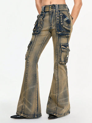 LOW-WAIST FLARE CARGO JEANS – Y2K JAPANESE STREETWEAR BOOTCUT DENIM