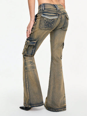 LOW-WAIST FLARE CARGO JEANS – Y2K JAPANESE STREETWEAR BOOTCUT DENIM