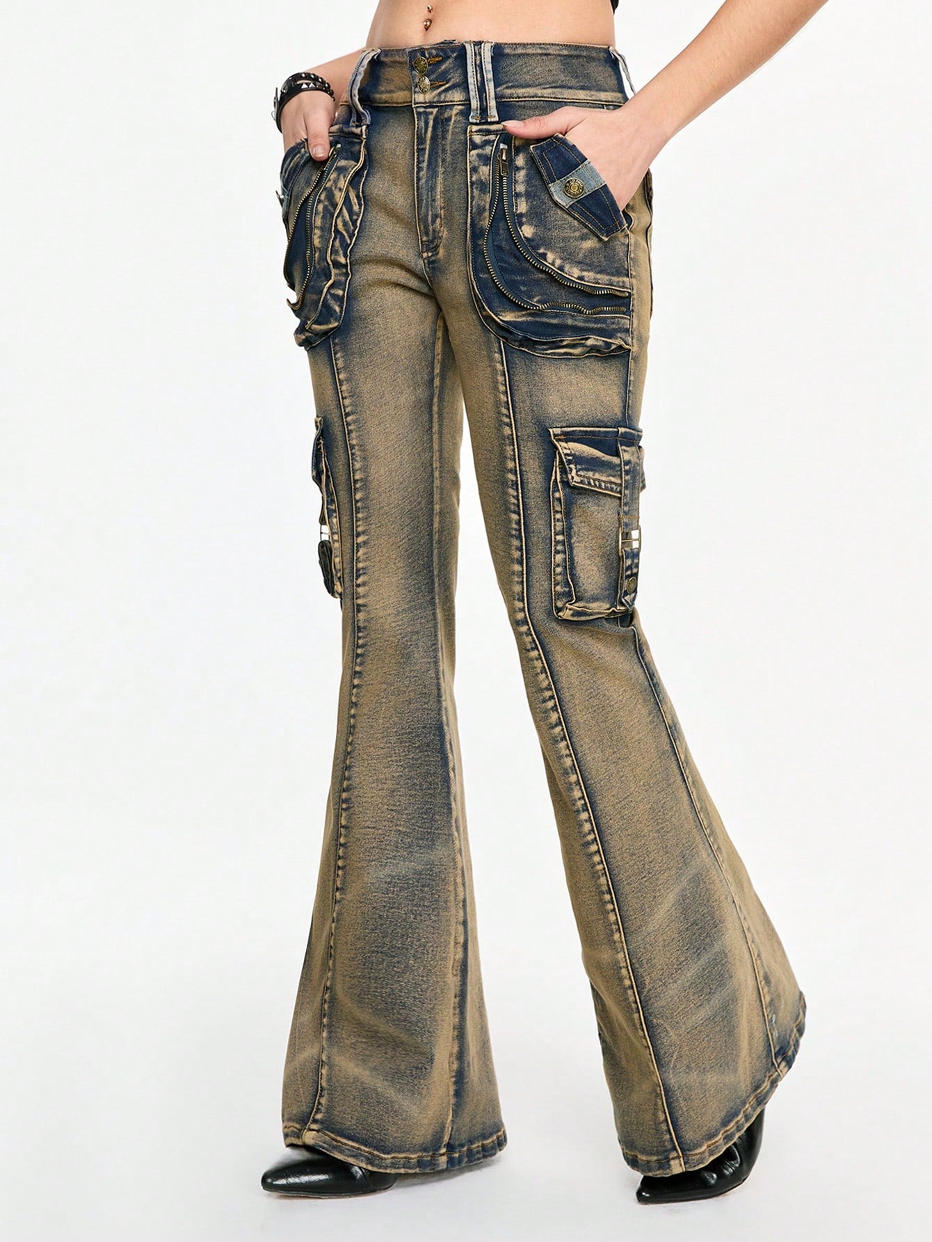 LOW-WAIST FLARE CARGO JEANS – Y2K JAPANESE STREETWEAR BOOTCUT DENIM