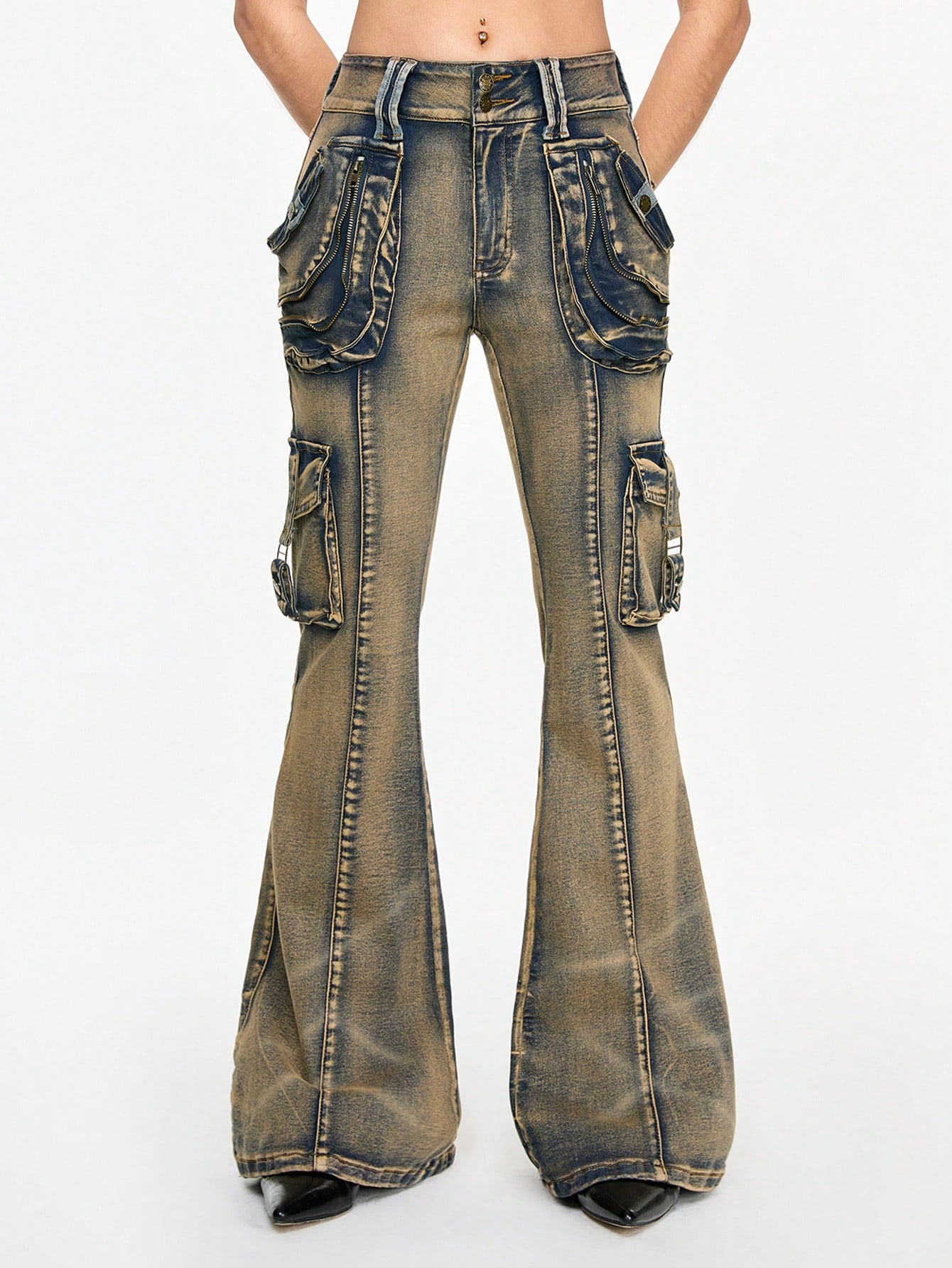 LOW-WAIST FLARE CARGO JEANS – Y2K JAPANESE STREETWEAR BOOTCUT DENIM