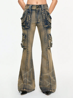 LOW-WAIST FLARE CARGO JEANS – Y2K JAPANESE STREETWEAR BOOTCUT DENIM