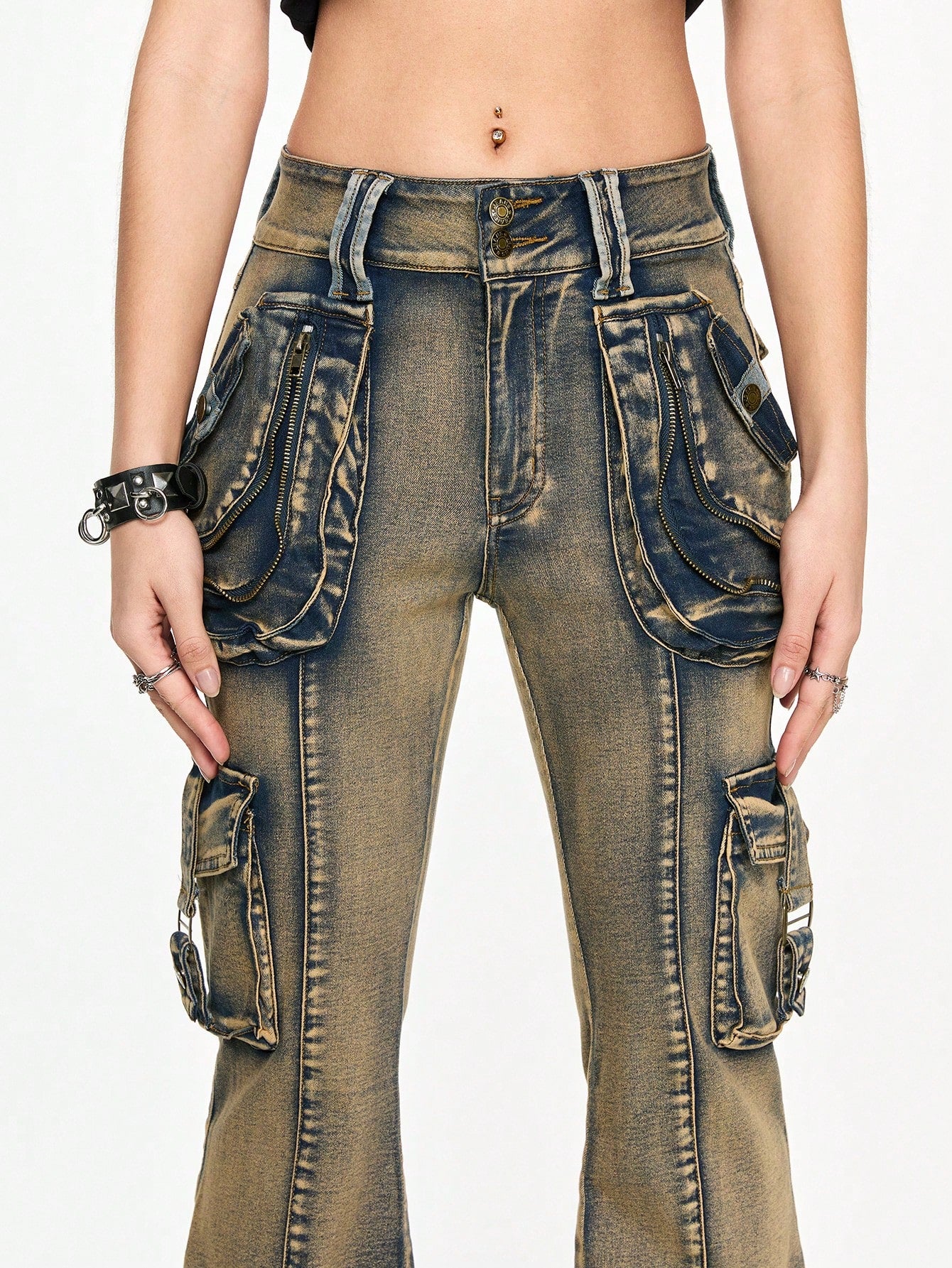 LOW-WAIST FLARE CARGO JEANS – Y2K JAPANESE STREETWEAR BOOTCUT DENIM