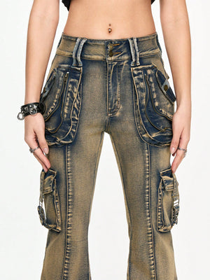 LOW-WAIST FLARE CARGO JEANS – Y2K JAPANESE STREETWEAR BOOTCUT DENIM