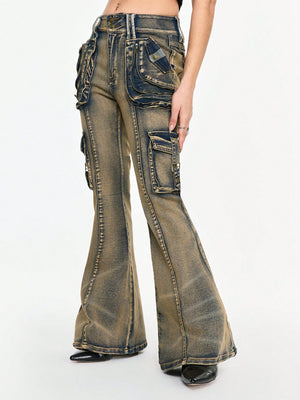 LOW-WAIST FLARE CARGO JEANS – Y2K JAPANESE STREETWEAR BOOTCUT DENIM