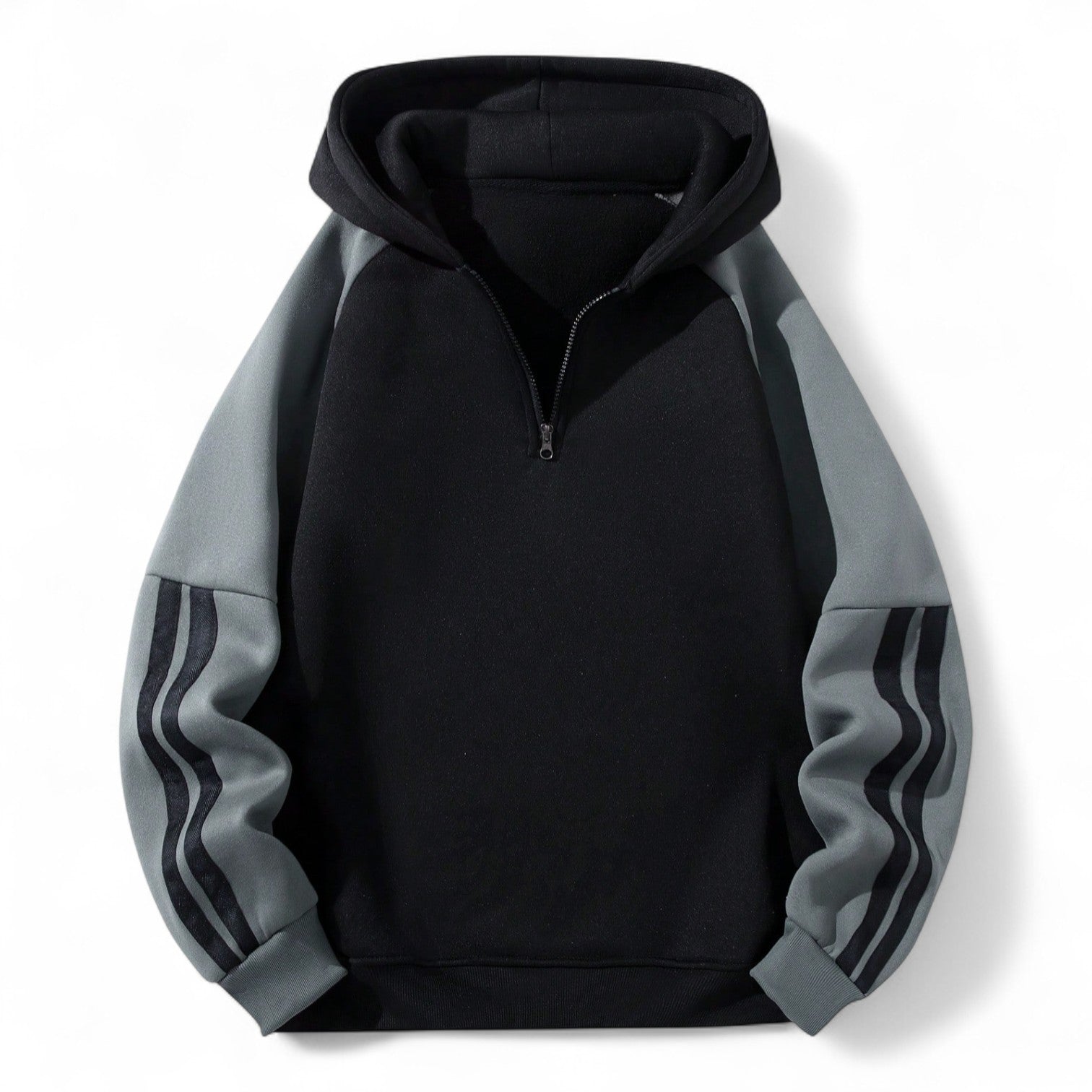 Black half-zip hoodie with gray raglan sleeves and stripes – Japanese streetwear gym commuter pullover