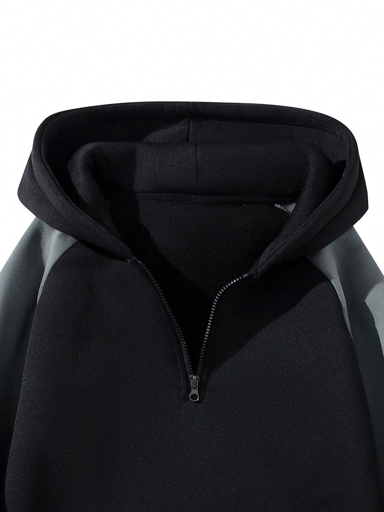 Black half-zip hoodie with gray raglan sleeves and stripes – Japanese streetwear gym commuter pullover