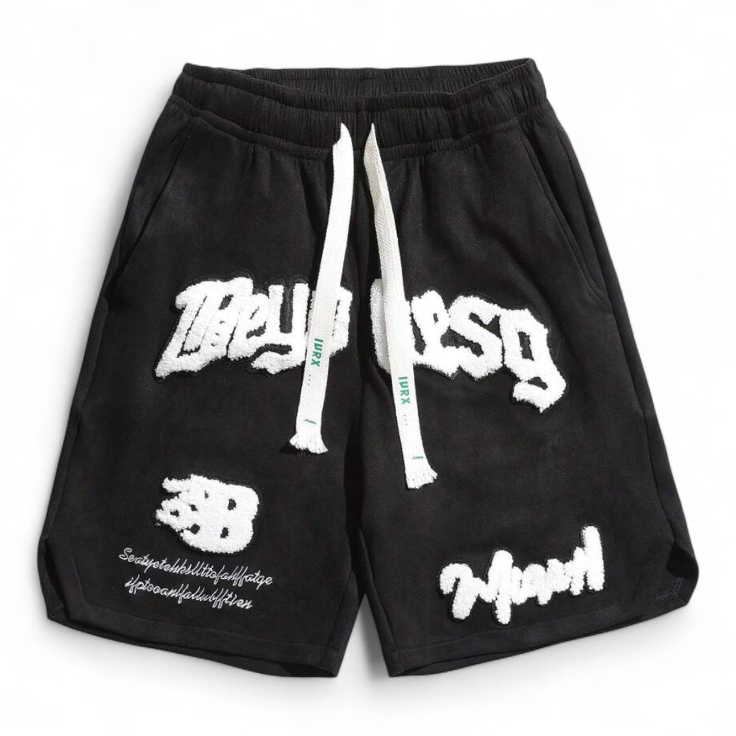 Men’s basketball-style black graphic track shorts with 3D letter patches and drawstring waist – urban streetwear

