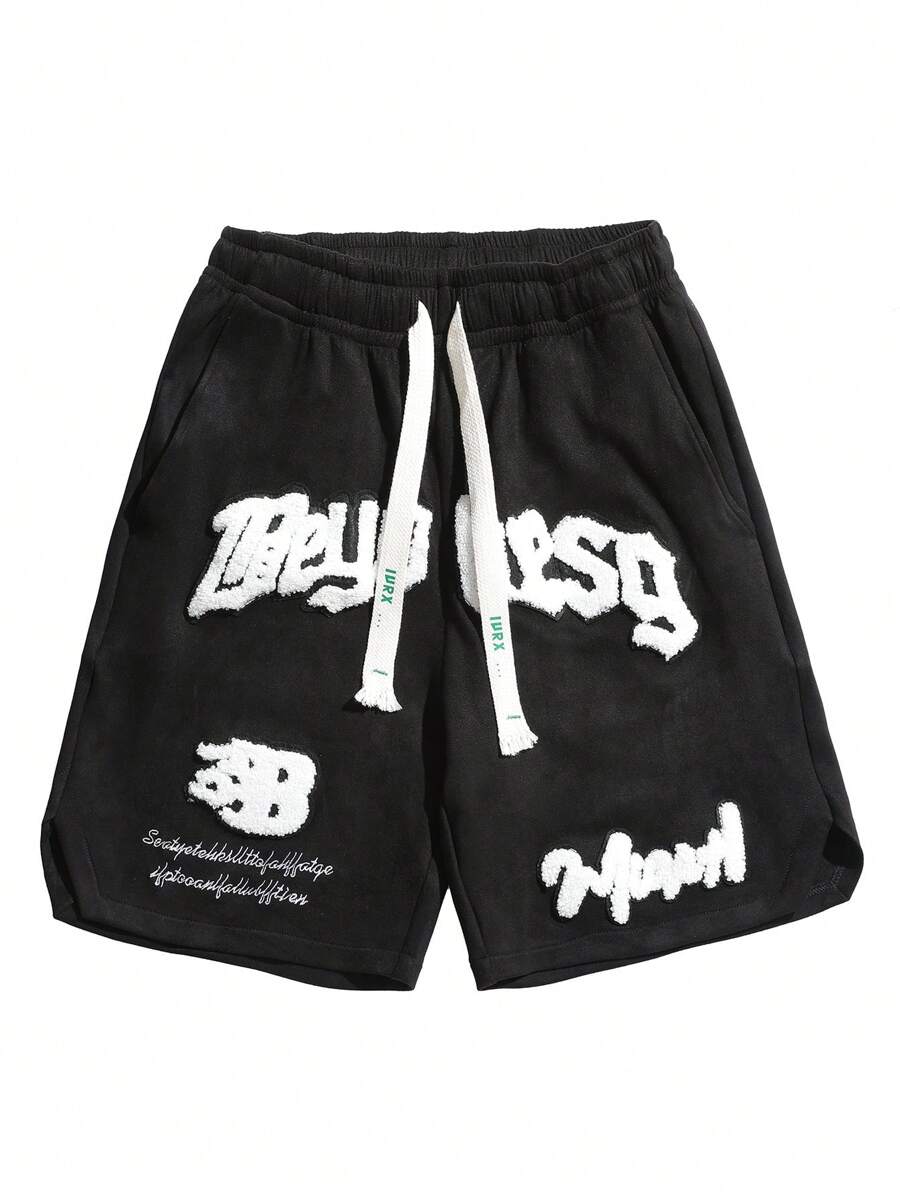 Men’s basketball-style black graphic track shorts with 3D letter patches and drawstring waist – urban streetwear

