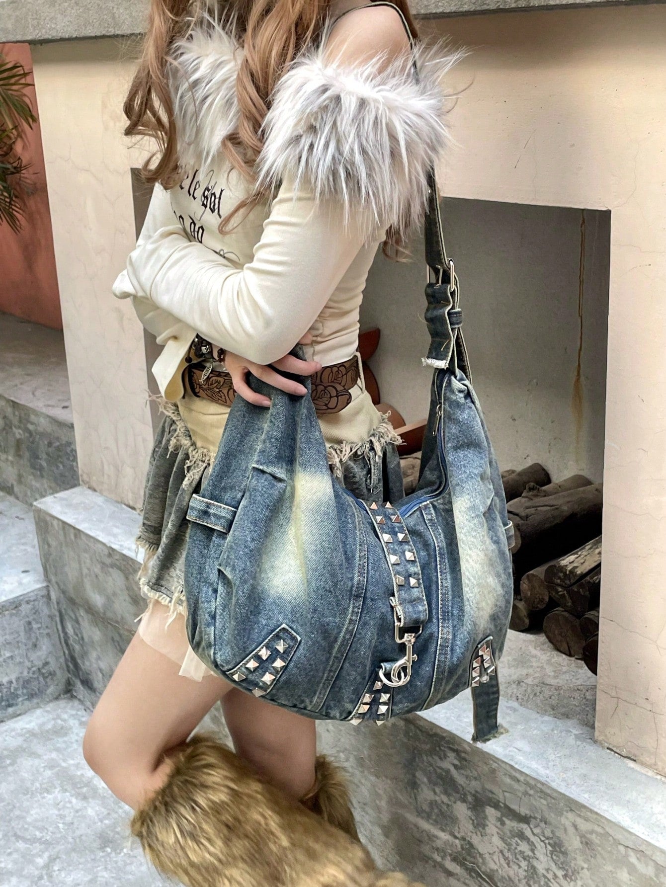 Y2K OVERSIZED DENIM HOBO BAG WITH RIVETS – MULTICOLOR GRUNGE STYLE