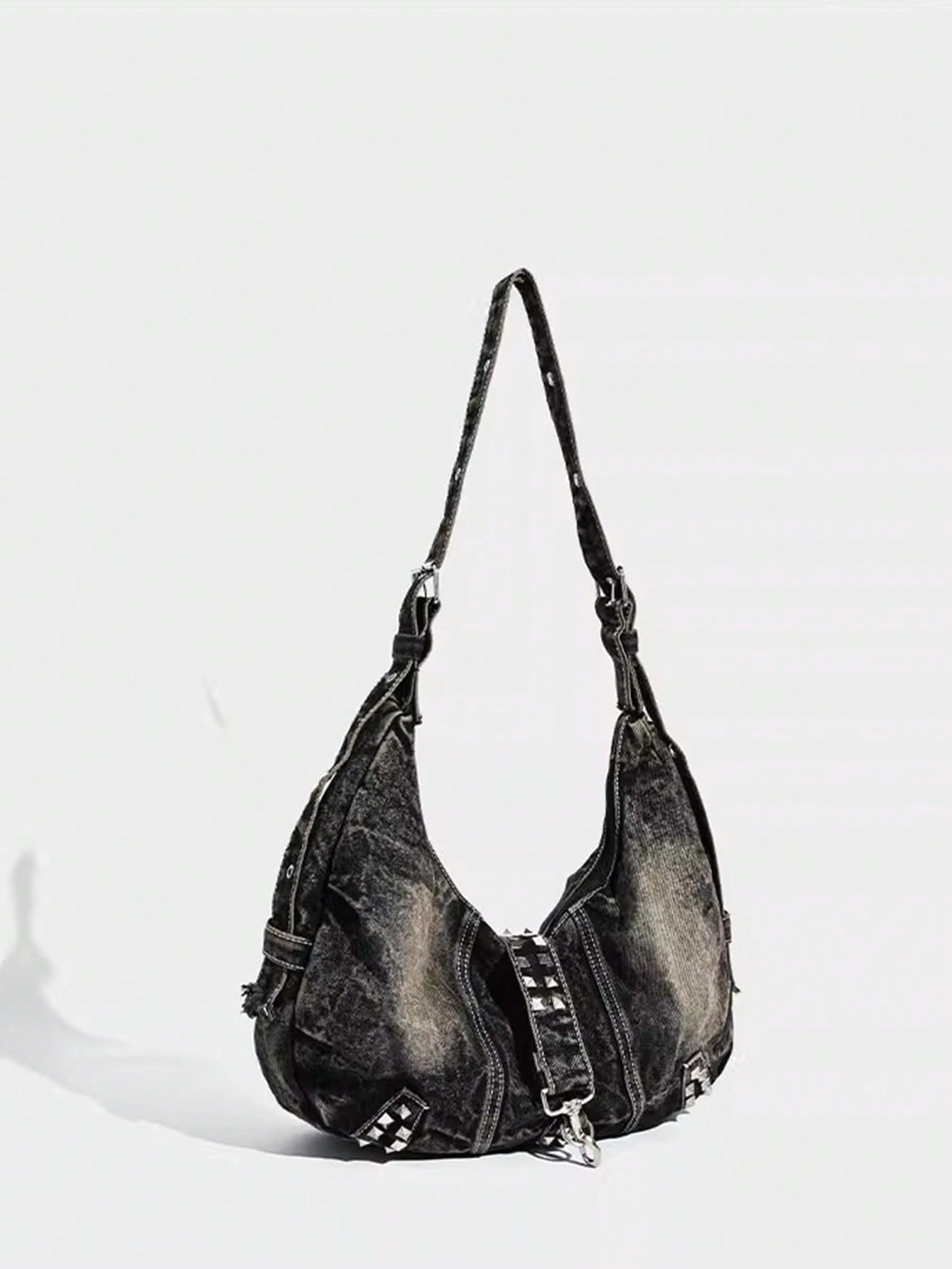 Y2K OVERSIZED DENIM HOBO BAG WITH RIVETS – MULTICOLOR GRUNGE STYLE