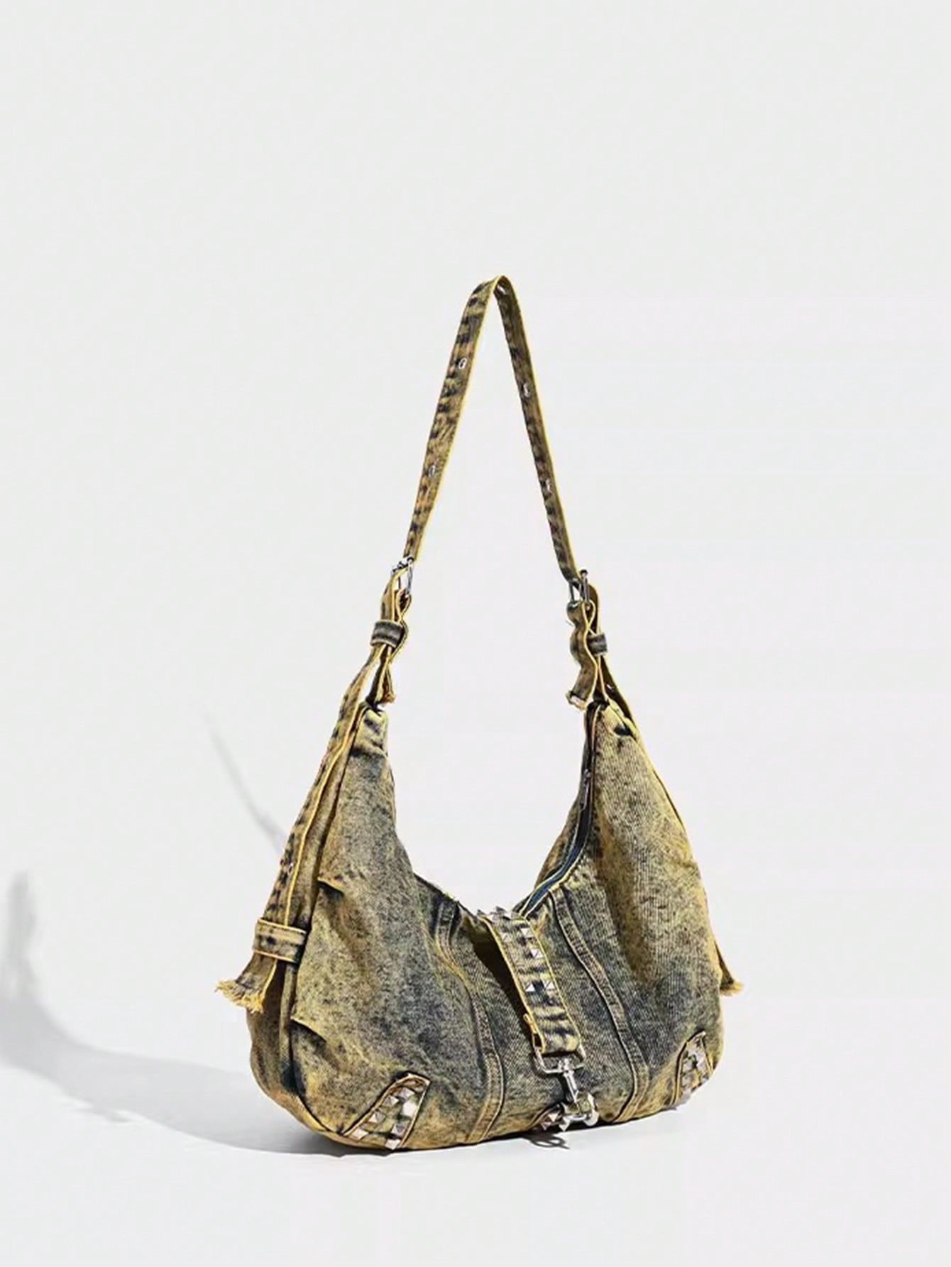 Y2K OVERSIZED DENIM HOBO BAG WITH RIVETS – MULTICOLOR GRUNGE STYLE