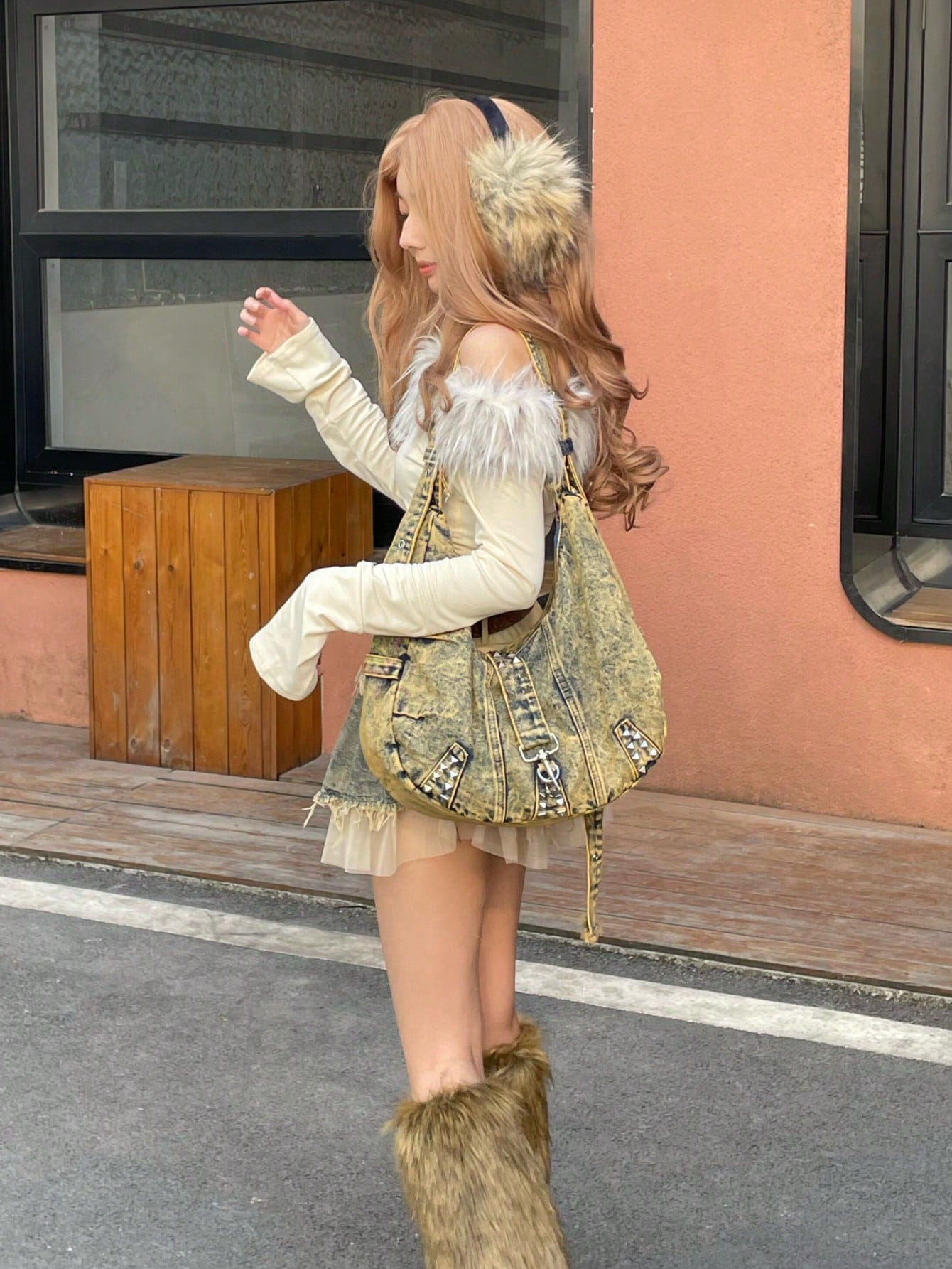 Y2K OVERSIZED DENIM HOBO BAG WITH RIVETS – MULTICOLOR GRUNGE STYLE