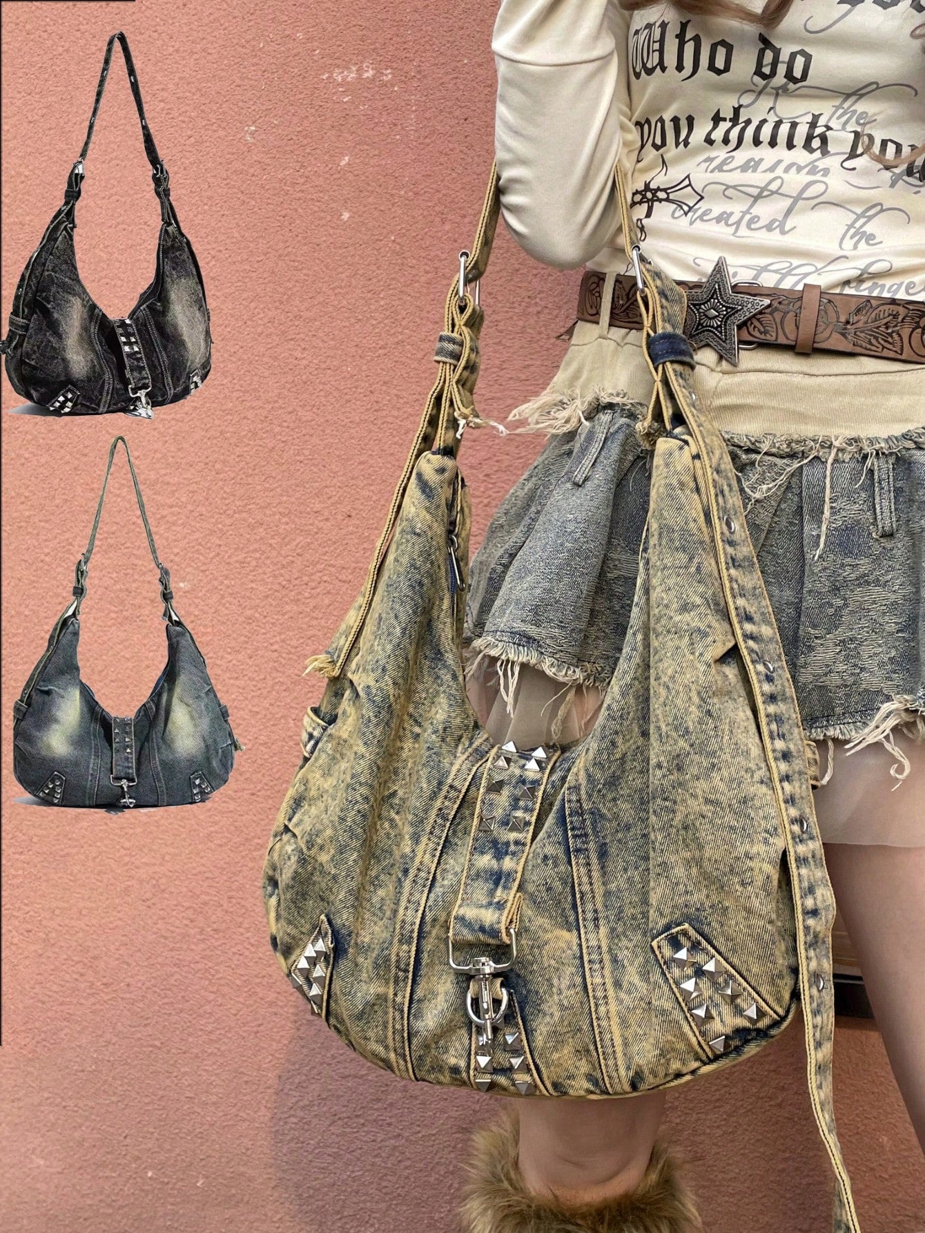 Y2K OVERSIZED DENIM HOBO BAG WITH RIVETS – MULTICOLOR GRUNGE STYLE