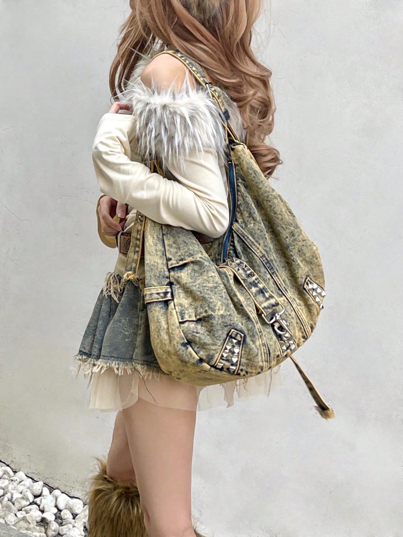 Y2K OVERSIZED DENIM HOBO BAG WITH RIVETS – MULTICOLOR GRUNGE STYLE