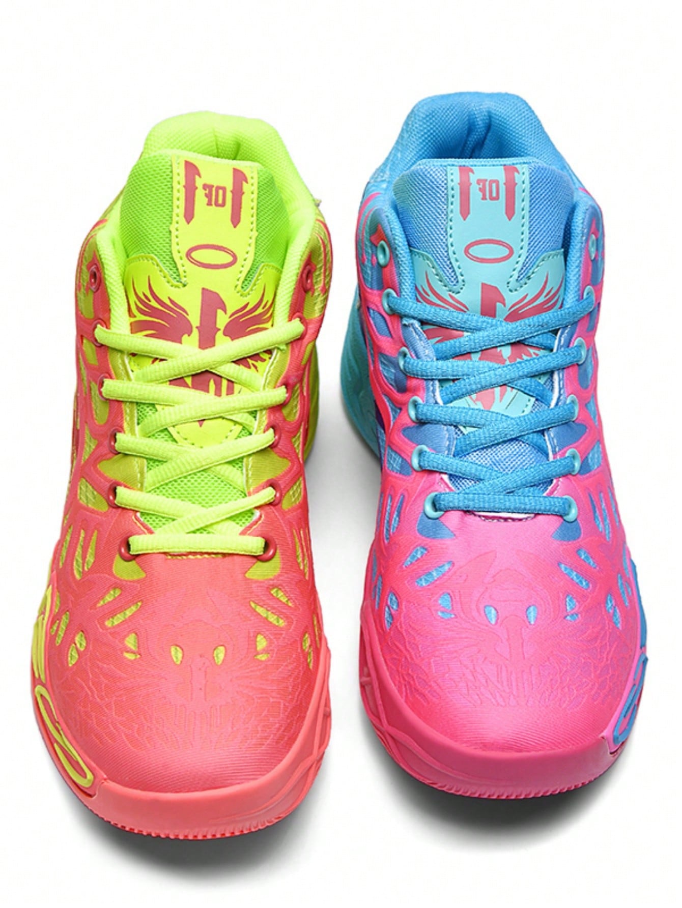 Bright colorblock sneakers with flame design, PU leather lace-up platform shoes, pink-blue and neon yellow streetwear footwear