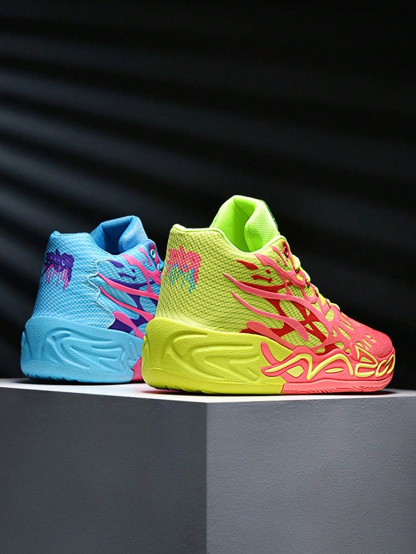 Bright colorblock sneakers with flame design, PU leather lace-up platform shoes, pink-blue and neon yellow streetwear footwear