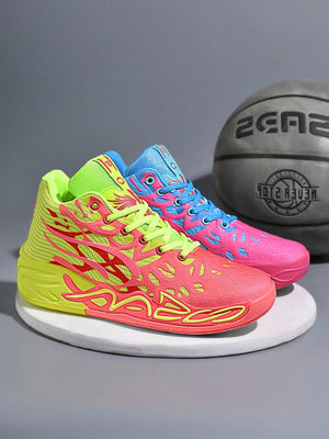 Bright colorblock sneakers with flame design, PU leather lace-up platform shoes, pink-blue and neon yellow streetwear footwear