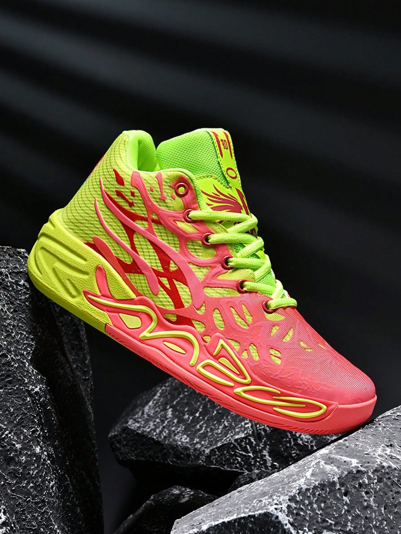 Bright colorblock sneakers with flame design, PU leather lace-up platform shoes, pink-blue and neon yellow streetwear footwear