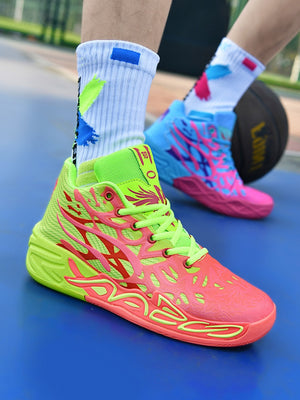 Bright colorblock sneakers with flame design, PU leather lace-up platform shoes, pink-blue and neon yellow streetwear footwear