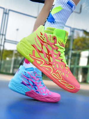 Bright colorblock sneakers with flame design, PU leather lace-up platform shoes, pink-blue and neon yellow streetwear footwear
