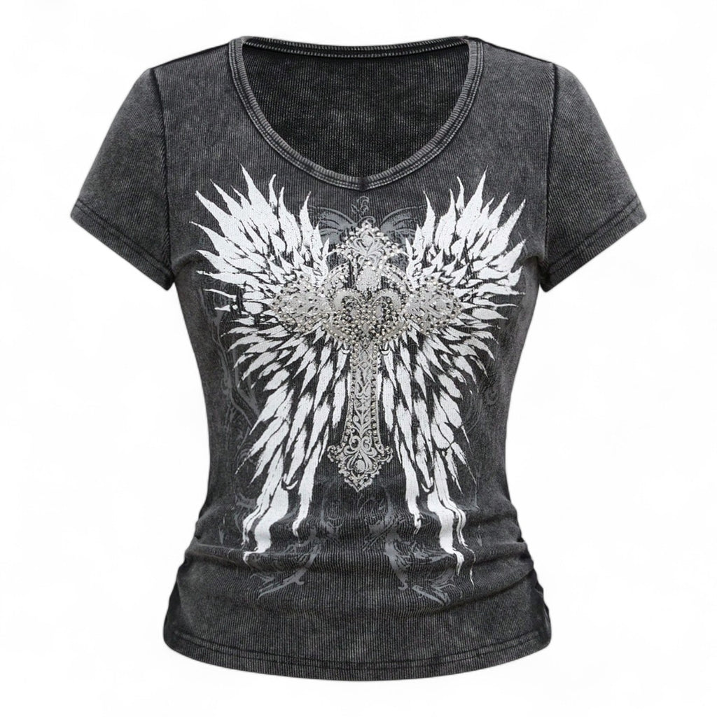 VINTAGE ANGEL WINGS RHINESTONE TEE – GREY V-NECK SLIM FIT GOTHIC SHIRT
