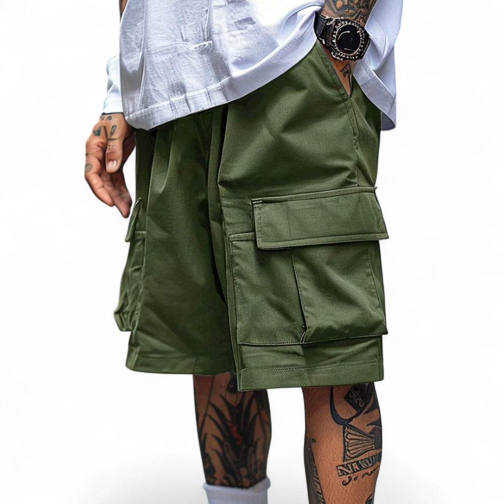 Men’s army green cargo bermuda shorts with drawstring waist and oversized utility pockets – hip-hop streetwear