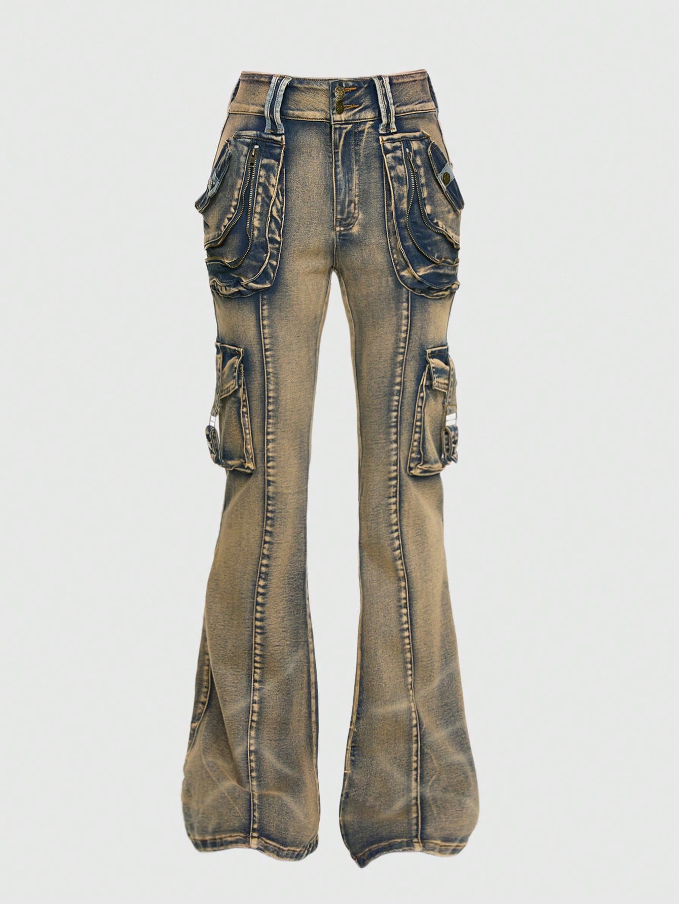 LOW-WAIST FLARE CARGO JEANS – Y2K JAPANESE STREETWEAR BOOTCUT DENIM