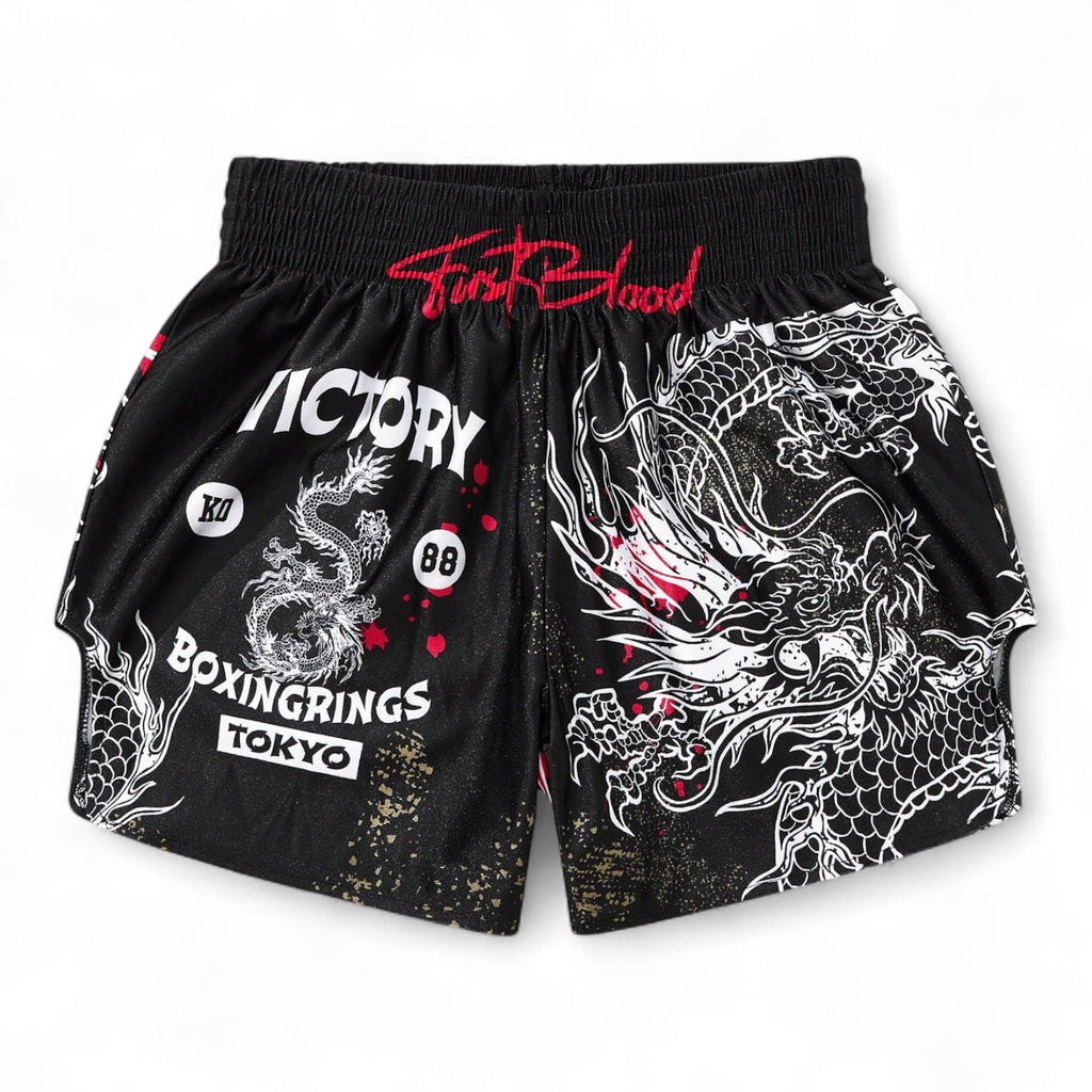 Black Tokyo dragon boxing shorts with red accents, Japanese streetwear fight-inspired graphic design