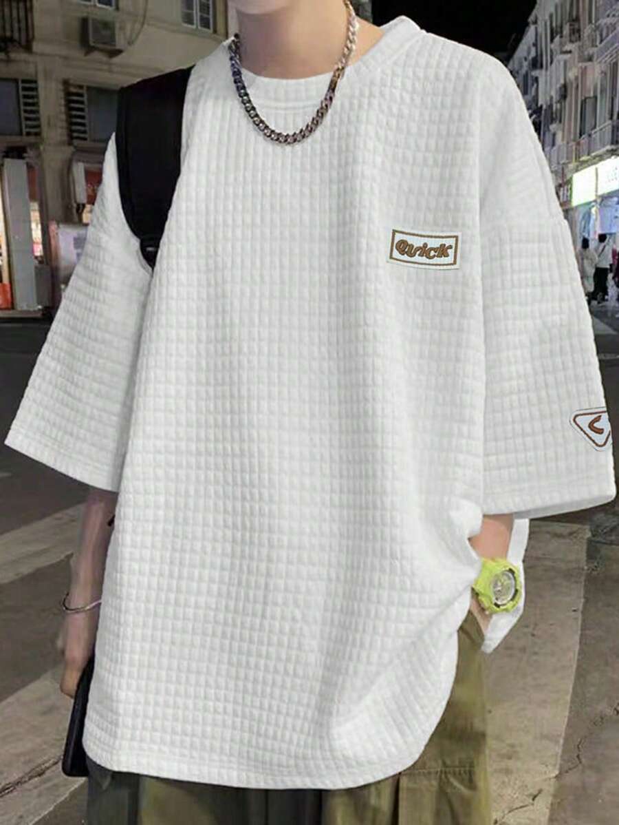 Japanese streetwear textured oversized tee white patch drop shoulder t-shirt Harajuku fashion