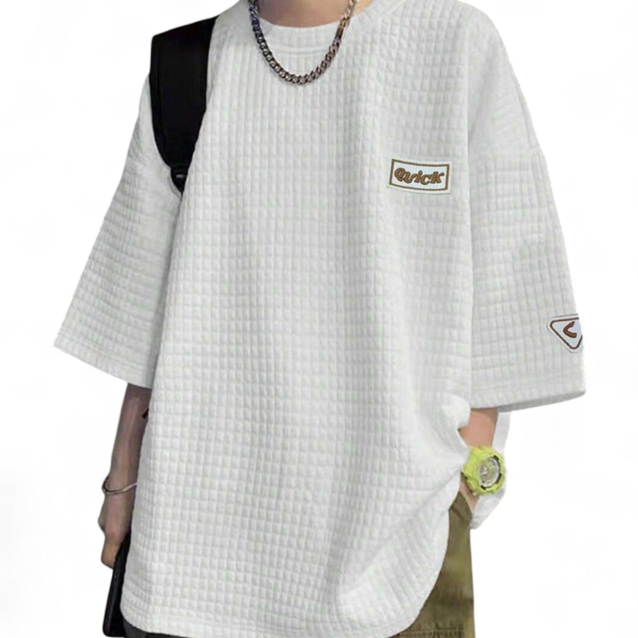 Japanese streetwear textured oversized tee white patch drop shoulder t-shirt Harajuku fashion