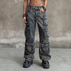 TEAL BLUE CARGO DENIM PANTS – WIDE LEG LOW WAIST Y2K UTILITY STYLE

