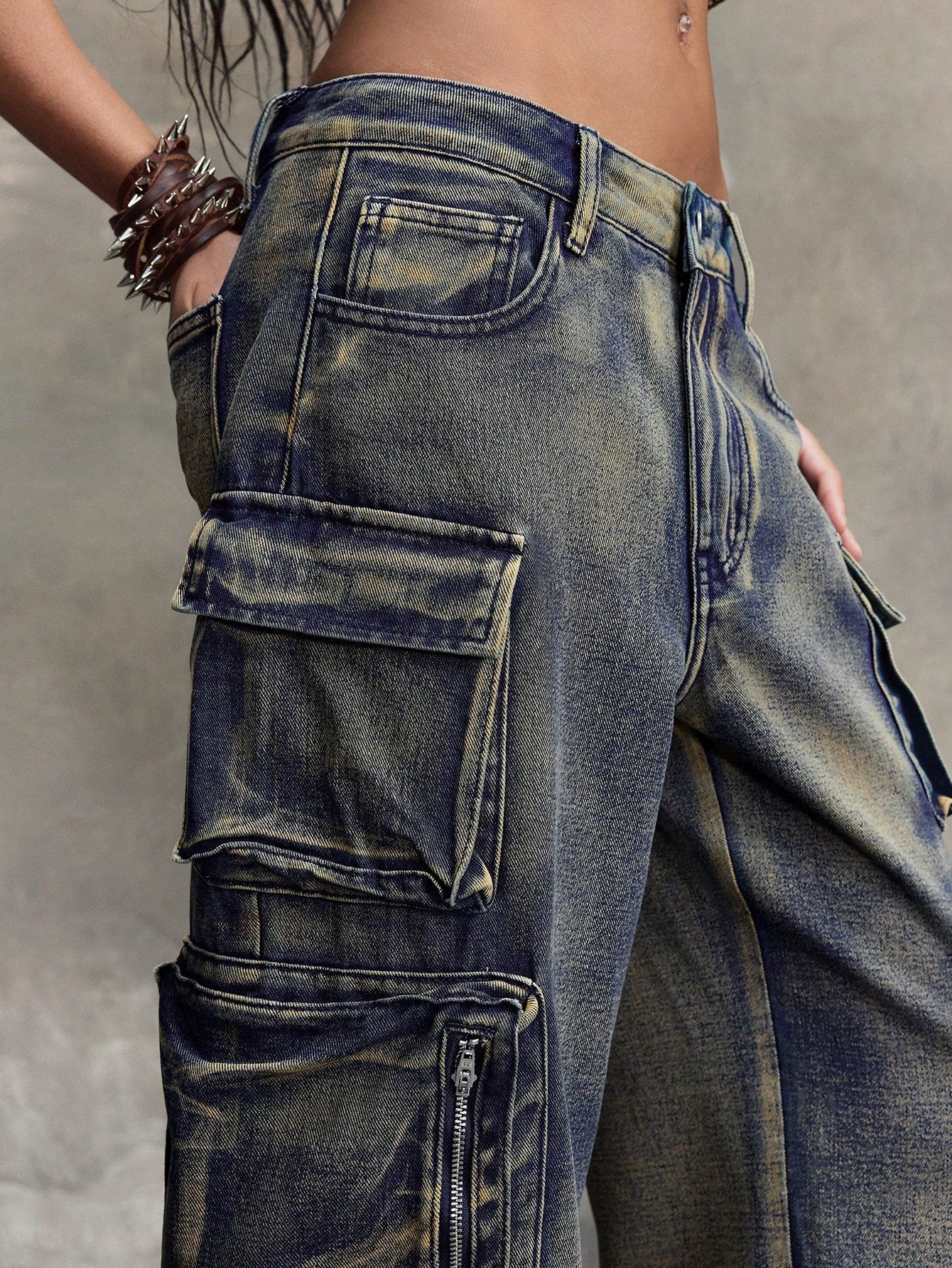 TEAL BLUE CARGO DENIM PANTS – WIDE LEG LOW WAIST Y2K UTILITY STYLE

