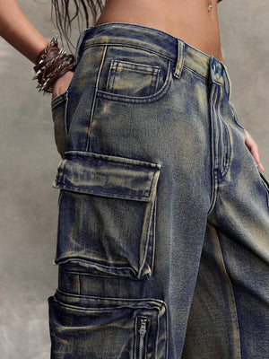 TEAL BLUE CARGO DENIM PANTS – WIDE LEG LOW WAIST Y2K UTILITY STYLE

