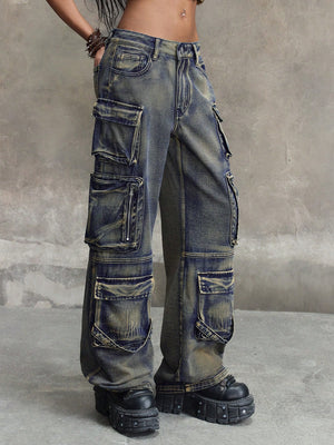 TEAL BLUE CARGO DENIM PANTS – WIDE LEG LOW WAIST Y2K UTILITY STYLE

