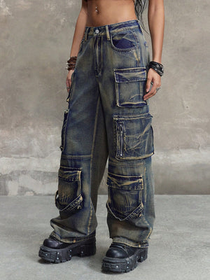 TEAL BLUE CARGO DENIM PANTS – WIDE LEG LOW WAIST Y2K UTILITY STYLE

