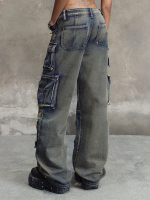 TEAL BLUE CARGO DENIM PANTS – WIDE LEG LOW WAIST Y2K UTILITY STYLE

