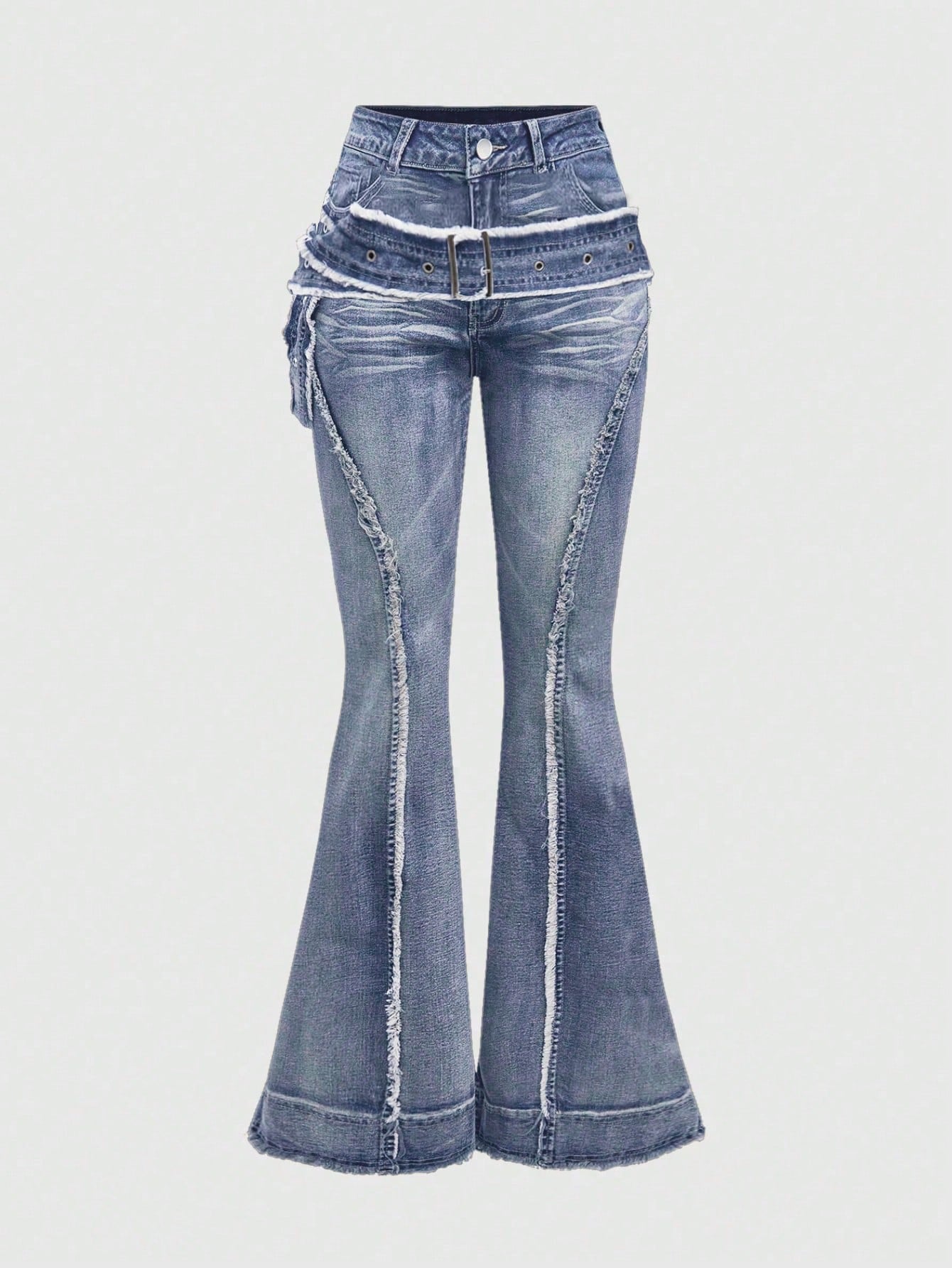 Y2K LOW RISE FLARE JEANS – LIGHT WASH BOOTCUT WITH BELT DETAIL
