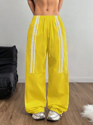 LOW WAIST YELLOW TRACK PANTS – STRAIGHT LEG SIDE STRIPE STREETWEAR