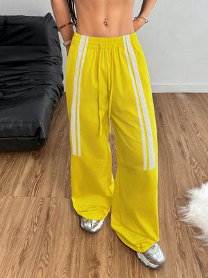LOW WAIST YELLOW TRACK PANTS – STRAIGHT LEG SIDE STRIPE STREETWEAR